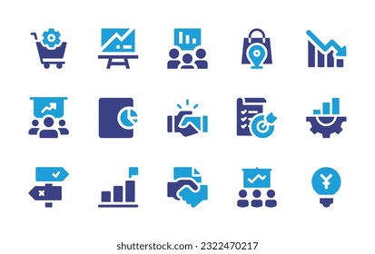 Business icon set. Duotone color. Vector illustration. Containing procurement, presentation, business presentation, shopping bag, loss, business report, handshake, goal, improvement, decision.