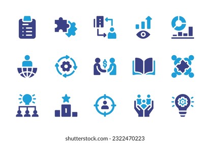 Business icon set. Duotone color. Vector illustration. Containing plan, puzzle, bc, vision, analysis, leader, solution, deal, open book, teamwork, understand, stage, customer, family, development.
