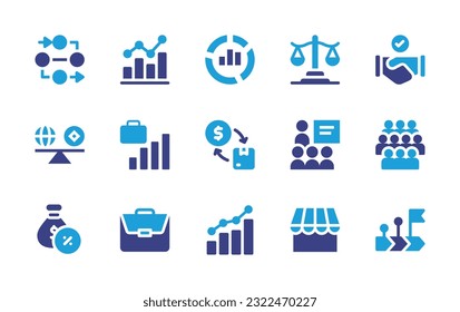 Business icon set. Duotone color. Vector illustration. Containing process, bar chart, data assessment, justice, deal, business, presentation, meeting, loan, portfolio, my business, roadmap.