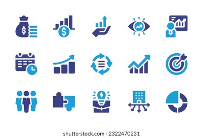 Business icon set. Duotone color. Vector illustration. Containing money bag, finance, growth, vision, graph, planning, graphic progression, process, line chart, goal, teamwork, puzzle, business idea.