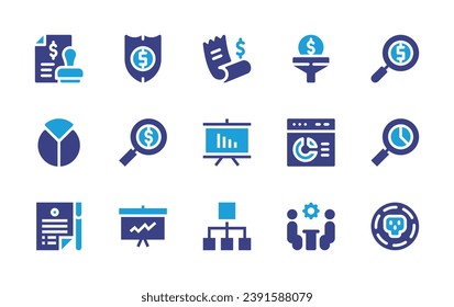 Business icon set. Duotone color. Vector illustration. Containing presentation, taxes, filter, shield, magnifying glass, search, pie chart, website, bill, organization, stats, coin, contract, meeting.