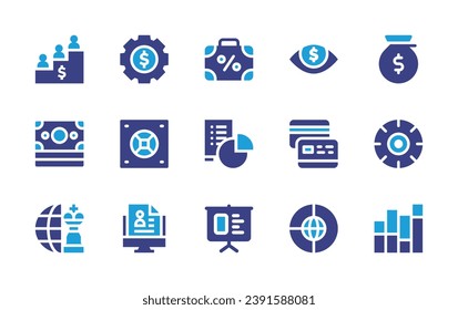 Business icon set. Duotone color. Vector illustration. Containing settings, money, growth, eye, suitcase, safebox, wheel, credit card, pie chart, resume, stats, presentation, world.