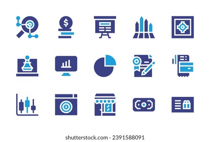 Business icon set. Duotone color. Vector illustration. Containing stack, strongbox, index, infographic, presentation, pie chart, website, gift card, bar graph, money, restaurant, chart, bill, chess.