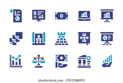 Business icon set. Duotone color. Vector illustration. Containing dollar, tower, report, bar chart, notes, board, flow chart, presentation, project, data analysis, balance, hand, money, analytics.