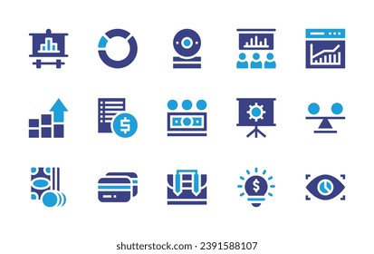 Business icon set. Duotone color. Vector illustration. Containing donut chart, graphic, coins, board, presentation, bar chart, price list, stability, credit card, monitoring, cash, portfolio, money.