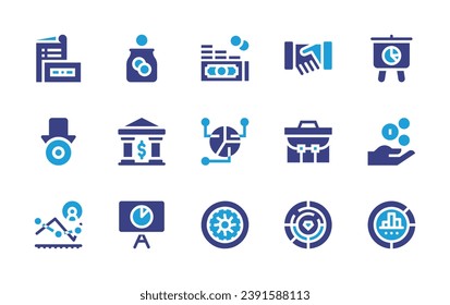 Business-Icon-Set. Duotonfarbe. Vektorgrafik. Mit Bank, Einkommen, Geld, Handshake, Spende, Präsentation, Pie-Chart, Verluste, Aktenkoffer, Kuchen, Analyse, Peso, Diagramm, Herausforderung.