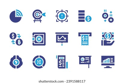 Business icon set. Duotone color. Vector illustration. Containing safe, payment, target, coins, chart, graphic, coin, exchange, invoice, brainstorm, presentation, pie chart, bar chart, receipt.