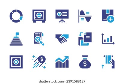 Business icon set. Duotone color. Vector illustration. Containing tax, safebox, package, presentation, pie chart, infographics, agreement, goal, add file, graph, money, chart, strongbox, money bag.
