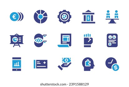 Business icon set. Duotone color. Vector illustration. Containing pie chart, coins, bank, invoice, presentation, analytics, motivation, stability, payment method, smartphone, business card, time.