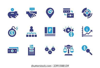 Business icon set. Duotone color. Vector illustration. Containing credit card, money, balance, graph, pie chart, ruble, hierarchical structure, shake hands, piggy bank, exchange, debt, currency.