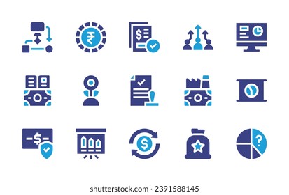 Business icon set. Duotone color. Vector illustration. Containing uml, hierarchy, education, factory, rupee, pie chart, growth, presentation, paid, approved, protection, money bag, cashback.