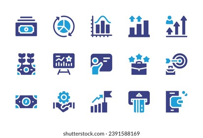 Business icon set. Duotone color. Vector illustration. Containing money, farming, pie chart, growth, statistics, goal, statistic, work, average, conference, success, time is money, credit card, crm.