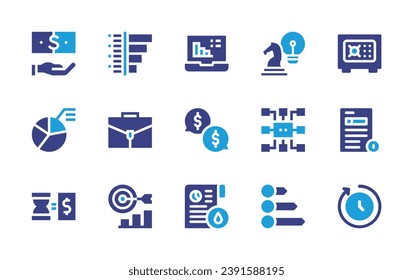 Business icon set. Duotone color. Vector illustration. Containing laptop, chat, bar chart, suitcase, safebox, invoice, money, idea, pie chart, mind map, data report, time is money, strategy, refresh.