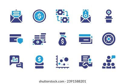 Business icon set. Duotone color. Vector illustration. Containing exchange, mail icon, bribe, coins, growth, money, coin, seminar, card security code, credit card, consult, deal, money bag, graph.