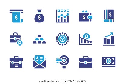 Business icon set. Duotone color. Vector illustration. Containing money bag, book, invoice, purse, statistics, ingots, improve, briefcase, loss, receipt, money, coin, darts.