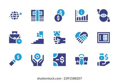 Conjunto de iconos de negocio. Color de duotona. Ilustración vectorial. Con economía, facturas, gráfico circular, moneda, dinero, ingresos, responsabilidad, éxito, inversión, caja fuerte, billete, empleo, tiempo de trabajo