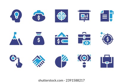 Business icon set. Duotone color. Vector illustration. Containing purse, contract, money bag, target, payment method, success, briefcase, idea, presentation, agreement, suitcase, pie chart, searching.