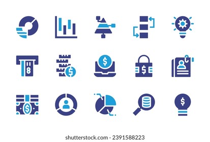 Business icon set. Duotone color. Vector illustration. Containing pyramid chart, chart, strategy, bar chart, problem solving, pie chart, lightbulb, laptop, atm, padlock, bills, money, coins, cv.
