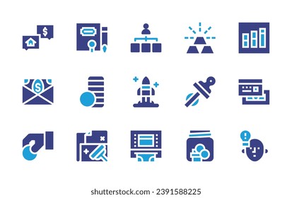 Business icon set. Duotone color. Vector illustration. Containing contract, role, house, gold ingots, graphic, coin, savings, coin stack, files, good idea, entrepeneur, atm, money, validation, credit.