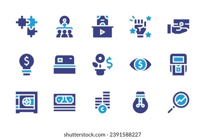 Business icon set. Duotone color. Vector illustration. Containing hierarchy, donation, donate, puzzle, success, idea, vision, credit card, currency, growth, safebox, lightbulb, banknotes, research.