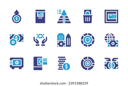 Business icon set. Duotone color. Vector illustration. Containing currency, wasted money, atm machine, safebox, pyramid chart, money, settings, coin, get money, economy, pie chart, real estate, dollar