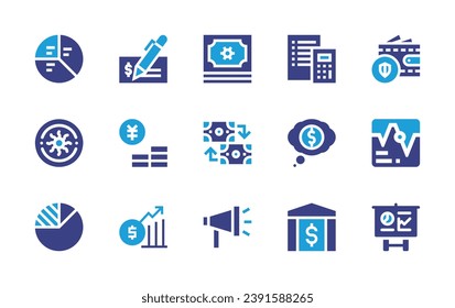 Business icon set. Duotone color. Vector illustration. Containing cheque, wallet, pie chart, calculator, money, graphic, bank, peso, dream, money growth, presentation, exchange, marketing, yuan, stock