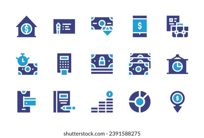 Business icon set. Duotone color. Vector illustration. Containing home, mobile, stopwatch, notes, rich, money, business card, briefcase, point of service, presentation, agenda, currency, payment.