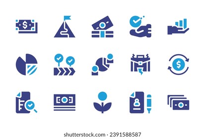 Business icon set. Duotone color. Vector illustration. Containing pie chart, money, hand, overwork, value chain, investment, mission, growth, analysis, curriculum vitae.