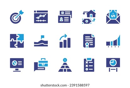 Business icon set. Duotone color. Vector illustration. Containing target, mortgage loan, id card, line chart, money, puzzle, certificate, monitor, tactics, increase, job description, training, graph.