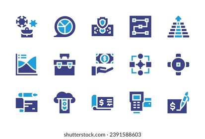 Business icon set. Duotone color. Vector illustration. Containing cash, tactic, pandemic, pie chart, pyramid, cheque, point of service, money, cloud, check, spline chart, flow chart, briefcase, round.