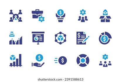 Business icon set. Duotone color. Vector illustration. Containing hierarchy, analytics, contract, money, supply chain, portfolio, deployment, presentation, chart, diagram, donut chart, pension, team.