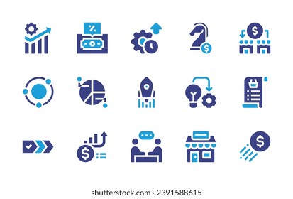 Business-Icon-Set. Duotonfarbe. Vektorgrafik. Mit Zahlung, Vererbung, Entwicklung, Strategie, Produktivität, Grafik, Rechnung, Markt, Geld, Kern, Umsetzung, Wertschöpfungskette, Agentur.