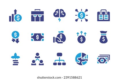 Conjunto de iconos de negocio. Color de duotona. Ilustración vectorial. Con maletín, dinero, bolso de dinero, tormentas de ideas, inversión, crowdfunding, bajada de precios, aumento, crecimiento, pib, diagrama.