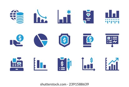 Business icon set. Duotone color. Vector illustration. Containing revenue, shield, money, certificate, smartphone, loss, bar chart, presentation, pie chart, graph, cashier machine, statistics.