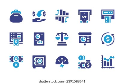 Conjunto de iconos de negocio. Color de duotona. Ilustración vectorial. Conteniendo bolso, cajero automático, gráfico de barras, atm, beneficio, estadísticas, flujo de dinero, brainstorming, balance, caja fuerte, estadísticas, presentación, sin dinero.