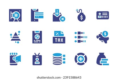 Business icon set. Duotone color. Vector illustration. Containing bribe, taxes, mobile payment, credit card, report, brain, banking, debt, graph, business card, money bag, advertisement, coin.