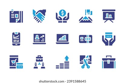 Business icon set. Duotone color. Vector illustration. Containing saving, deal, presentation, curriculum vitae, achievement, laptop, growth, briefcase, graphic, gift card, online shopping, credit card