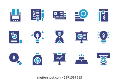 Business icon set. Duotone color. Vector illustration. Containing payment method, coins, pie chart, analytics, agreement, book, lightbulb, idea, credit card, hourglass, searching, gold ingots, money.