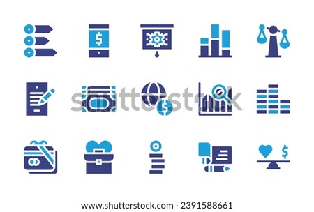 Business icon set. Duotone color. Vector illustration. Containing bar chart, write, analytics, mobile payment, scale, money, coins, presentation, economy, gift card, check, ethics, financial ethics.