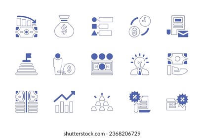 Business icon set. Duotone style line stroke and bold. Vector illustration. Containing money, time is money, correspondence, money bag, creativity, crisis, debt, goal, infographics, gold ingots, bill.