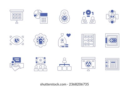 Business icon set. Duotone style line stroke and bold. Vector illustration. Containing dumbbell, brainstorm, agreement, calculator, presentation, role, monitoring, optimize, dealing, investor.