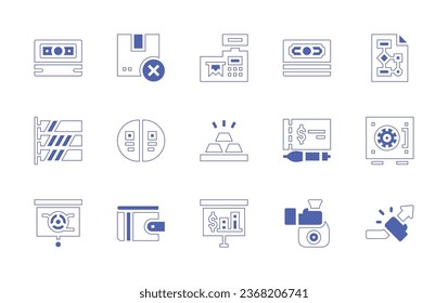 Business icon set. Duotone style line stroke and bold. Vector illustration. Containing cashier machine, gold ingots, money, diagram, delete, cheque, safebox, pie graph, graph, presentation, revenue.