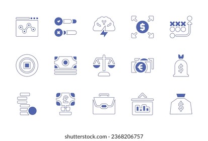 Business icon set. Duotone style line stroke and bold. Vector illustration. Containing stats, survey, brainstorming, expanding, strategy, money, balance, cash, money bag, stack, investment, briefcase.