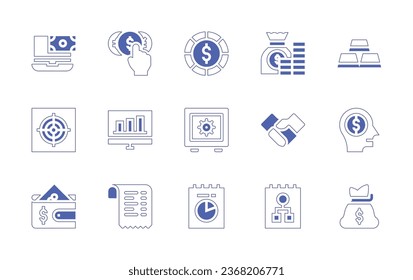 Business icon set. Duotone style line stroke and bold. Vector illustration. Containing laptop, currency, coin, money, gold ingots, target, graphic, safebox, handshake, dollar, payment method, bill.