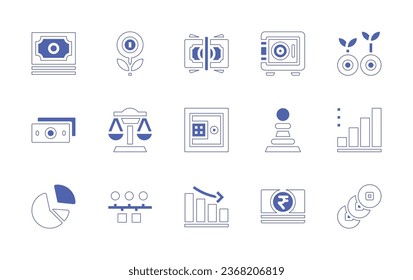 Business icon set. Duotone style line stroke and bold. Vector illustration. Containing money, growth, safebox, investment, balance, strategy, statistics, pie chart, timeline, graph, rupees, renminbi.