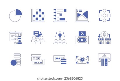 Business-Icon-Set. Duotone Stil Linie Strich und fett. Vektorgrafik. Enthält Kuchendiagramm, Strategie, Balkendiagramm, Spline Chart, Flow, Zahlung, Vererbung, Mitarbeiter, Idee, Münze.