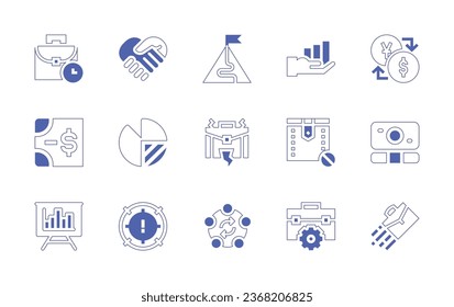 Business icon set. Duotone style line stroke and bold. Vector illustration. Containing work time, deal, mission, growth, exchange rate, banknote, pie chart, overwork, wallet, money, diagram, aim.