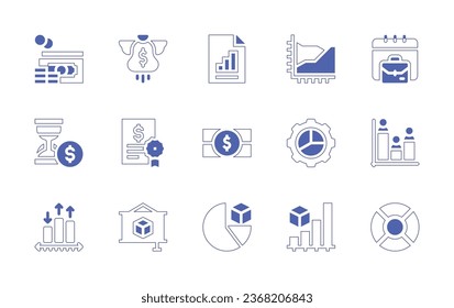 Business icon set. Duotone style line stroke and bold. Vector illustration. Containing savings, money bag, graph, graphics, briefcase, hourglass, contract, money, pie chart, chart, poll, presentation.