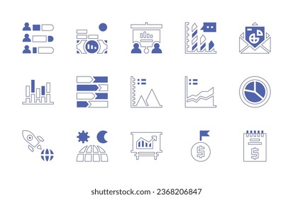 Business icon set. Duotone style line stroke and bold. Vector illustration. Containing bar chart, money, screen, analytics, pie chart, pyramid chart, stats, start up, global, graphics, objective.