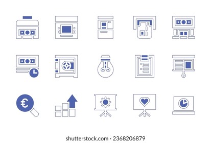 Business icon set. Duotone style line stroke and bold. Vector illustration. Containing bill, atm, bank, payment, safebox, lightbulb, document, presentation, magnifying glass, bar chart, analytics.